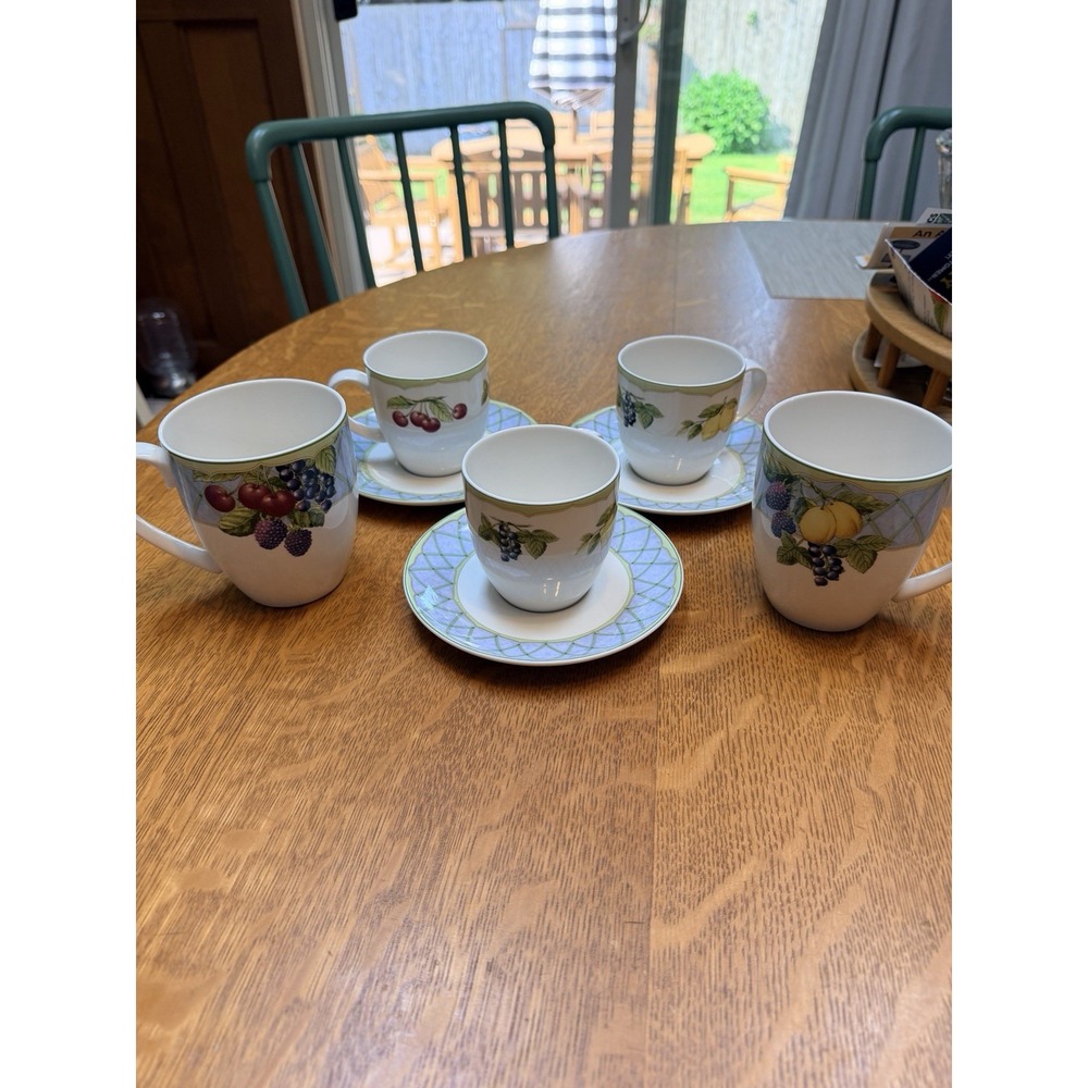 Set Of 5 Mikasa Y4001 Fruit Rapture Mugs & Tea Cups With Saucers Excellent